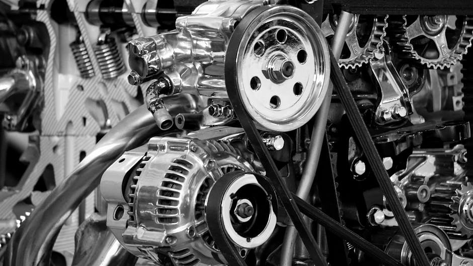 Services Close-up of a shiny car engine showing polished metal parts and gears in black and white.