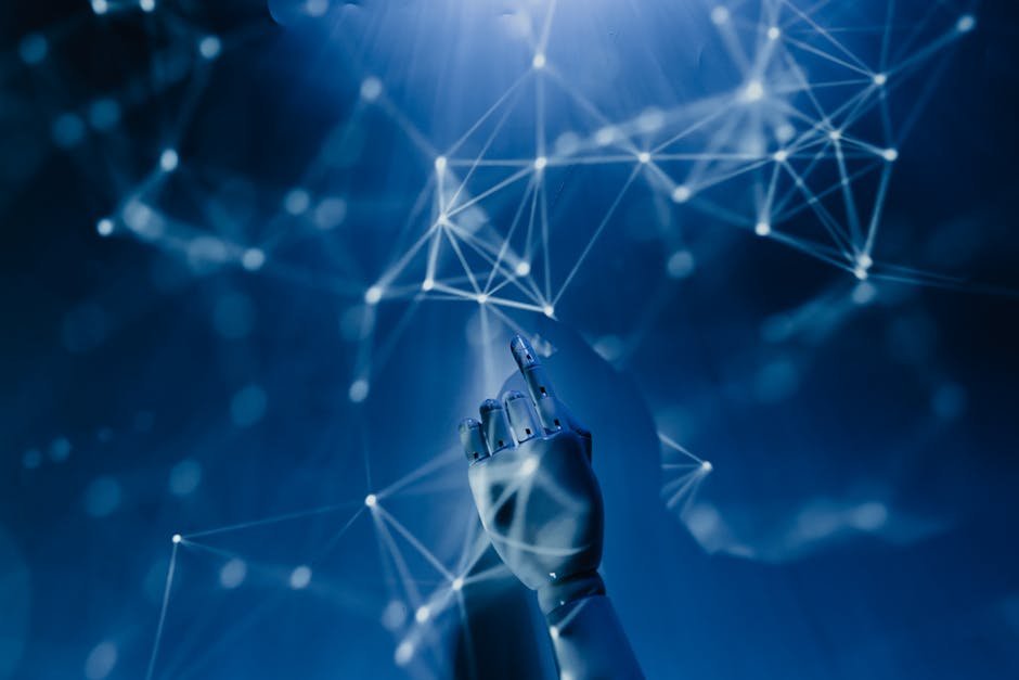 Services A robotic hand reaching into a digital network on a blue background, symbolizing AI technology.